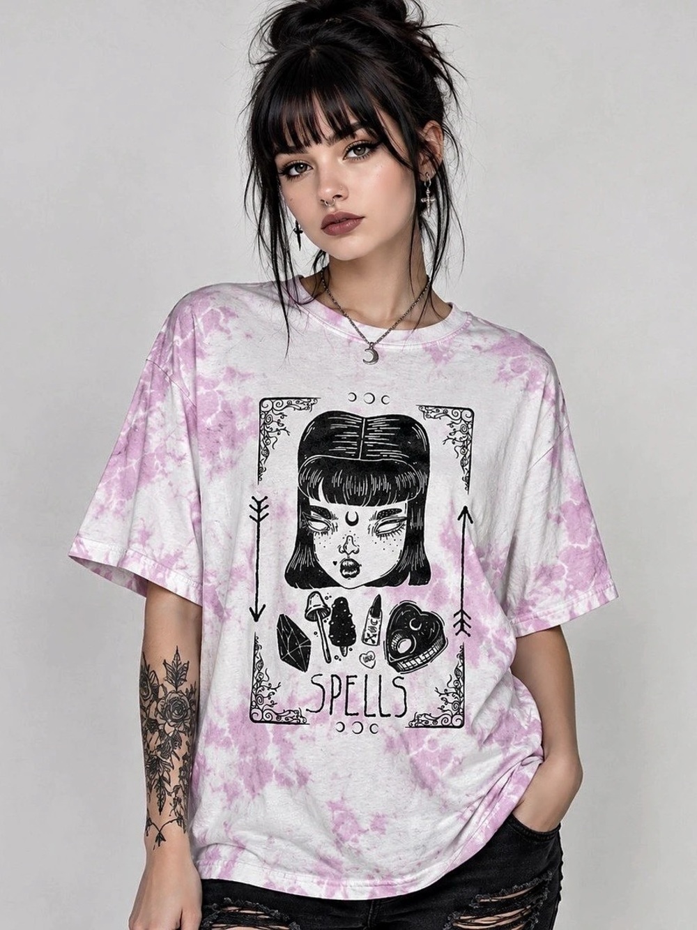 Spell Boutique Goth Spells Graphic Tie Dye T-Shirt Pink White Size L 100% Cotton
